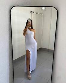 Long, Form-Fitting Dress In Suplex Fabric, With A Fitted Silhouette And Adjustable Back. - 白色 - 查看 1