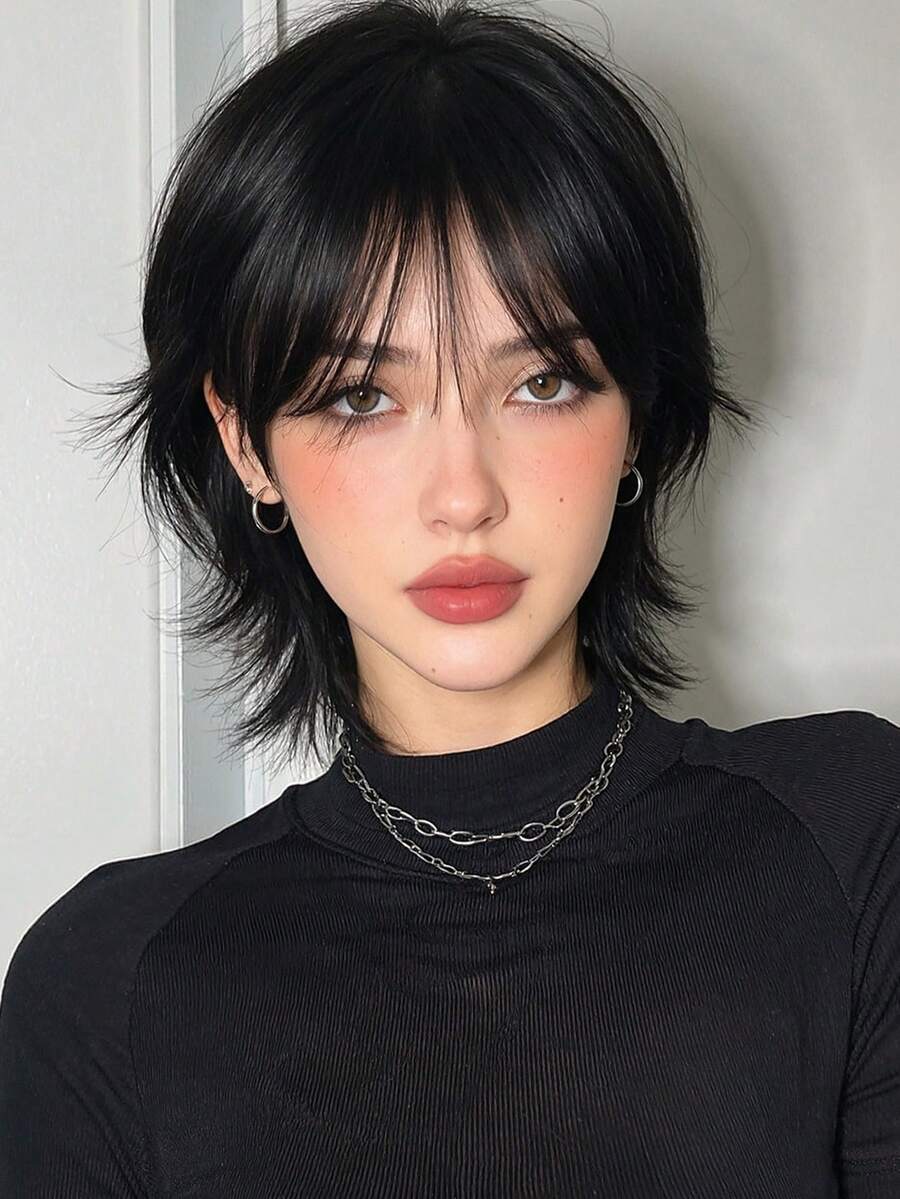 12-Inch Short Mullet Head Wigs With Bangs Synthetic Straight Women Black Short Hair Wig For Daily Party Cosplay - Black - View 1