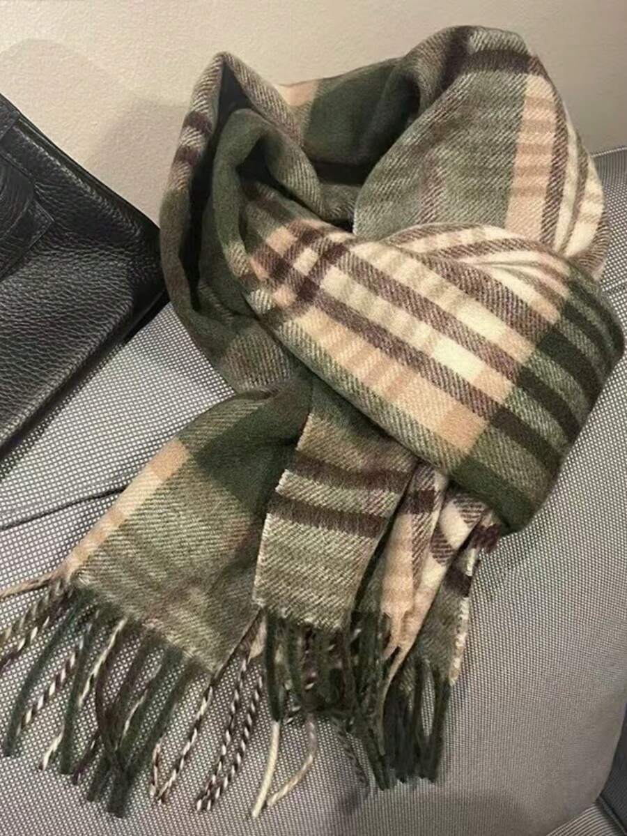1pc Plaid Wool Scarf For Women, High-Quality Shawl, 2025 New Design, Winter Neck Warmer, Birthday Gift - Green - View 1
