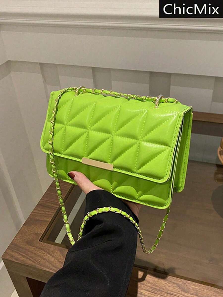 Fashionable Solid Color Pressed Chain Shoulder Bag - Mint Green - View 1