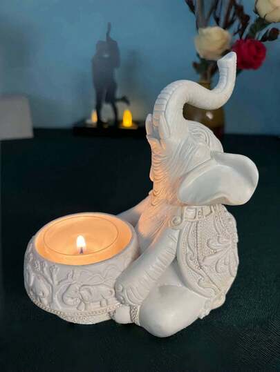 1 pieza Soporte de vela con elefante blanco vintage - Decoración de escultura sentada o acostada, Soporte de vela para dormitorio/sala de estar, Regalo de graduación o inauguración de la casa
