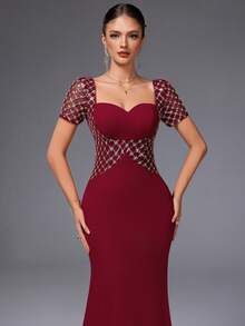 VIPGIRL Elegant Burgundy Mesh Beaded Sheath Evening Dress, Short Sleeve Formal Gown With Illusion Waist, Luxury Bodycon Long Dress For Women,Cocktail Dress,Evening Dress Women Dresses,Quick Ship Women ﻿