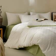 四件套纯色双面被套组，提花菱形图案，包含1个被套、1个床单、2个枕套 - 白色 - 查看 3