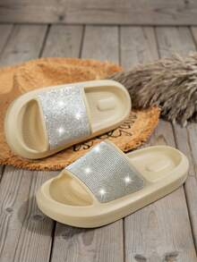 Teens' Fashionable Rhinestone Decor Slip-On Sandals, Girls' Casual Comfortable Round Toe Thick Sole Non-Slip Indoor/Outdoor Open Toe Slippers