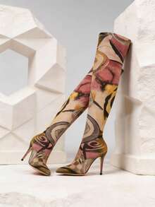 vivianly Fabric Pattern Random Unique Sexy Stretch Pointed Toe Elastic Stiletto High Heel Side Zip Knee-High Boots With Random Print - Stiletto Heel Boots For Women, Autumn And Winter Boots Featuring All Over Print (Each Pair May Have A Different Pattern, Bringing Different Surprises) Heel Height: 4.13 Inches Date Valentine's Day Gift - Nhiều màu - Xem 5