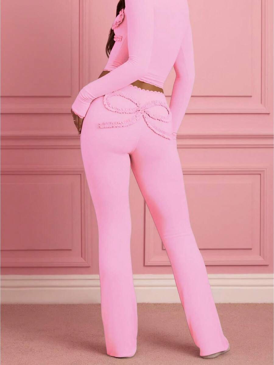 Women High Waist Back Ruffle Bow Decor Slim Flared Long Pants For Valentineacute;S Day - Pink - View 1