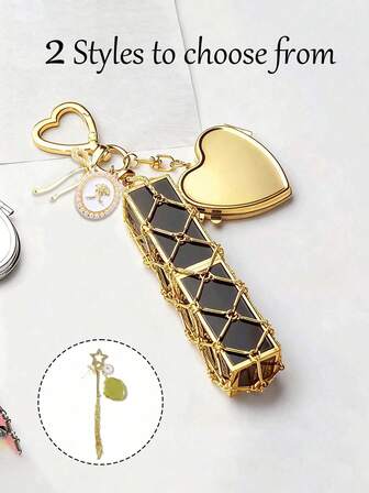 Gold Stainless Steel Lipstick Mesh Bag Hanging Decoration - Pearl Bow, Oil Dripping White Gold Oval Rose Decoration, Metal Lipstick Holder Bag Charm, With Replaceable And Stainless Steel Mesh Bag, Heart Shaped And Star Shaped Decorative Lipstick Box Key Chain, With Mini Mirror, Fashionable Lipstick And Cosmetics Hanging Decoration,Valentine Gif
