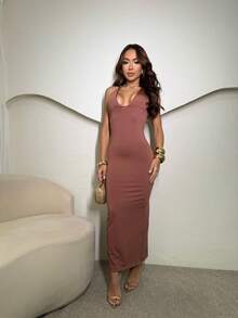 LONG WOMEN'S DRESS WITH TIES AND NECKLINE - 查看 6