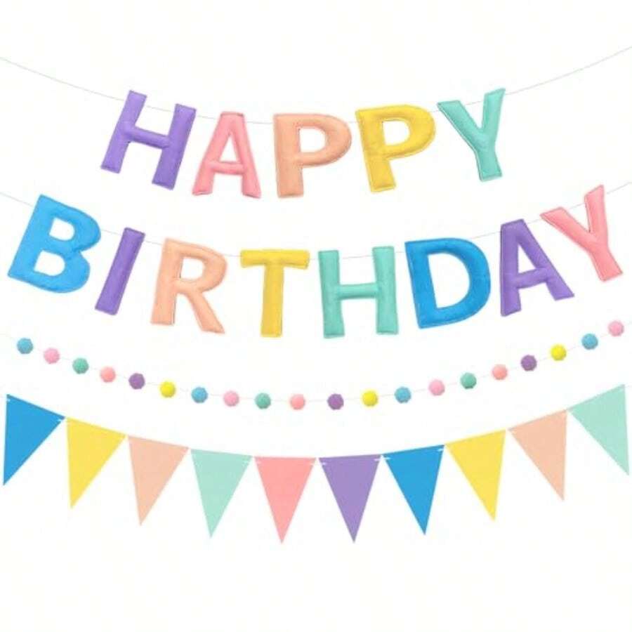DPre-Strung Reusable Happy Birthday Banner Felt Ball Garland And Multicolor Bunting String Triangle Flags BulkHappy Birthday Sign For Party Backdrop Decor Photo Booth Props Arons - 彩色 - 查看 1