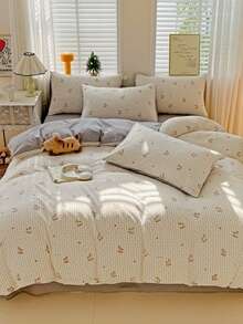 4pcs Cute Wooden Horse Striped Bedding Set, Soft & Breathable Fabric, Creates Cozy & Elegant Bedroom, Zipper Design Duvet Cover Set Includes 1 Duvet Cover + 1 Flat Sheet + 2 Pillowcases, Super Fine Polyester Fiber, Suitable For All Seasons, Machine Washable, Fits Twin/Full/Queen/King Size, Duvet Cover & Pillowcases Without Filler