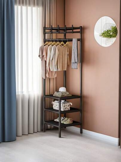 1pc Easy Install Space-Saving Corner Clothes Rack With Multi-Tier Storage Shelves - High Capacity Hanging Garment Organizer, Multi-Function Wardrobe Rack For Bedroom Closet, Home Dorm, Compact Corner Wardrobe Solution, Durable Frame, Tidy Closet Organization, Flexible Room Furniture, Fits Small Rooms, Modern Home Storage, Functional Closet Setup, Easy Assembly, Stable Stand, Vertical Storage, Clothes Hanger Rack, Laundry Room Helper