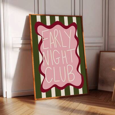 1pc Framed/Unframed Early Night Club Funny Quote Canvas Poster Retro Green Stripes Typography Wall Art Print Quirky Dopamine Decor Painting For Apartment,Living Room,Bedroom,Modern Home Decoration