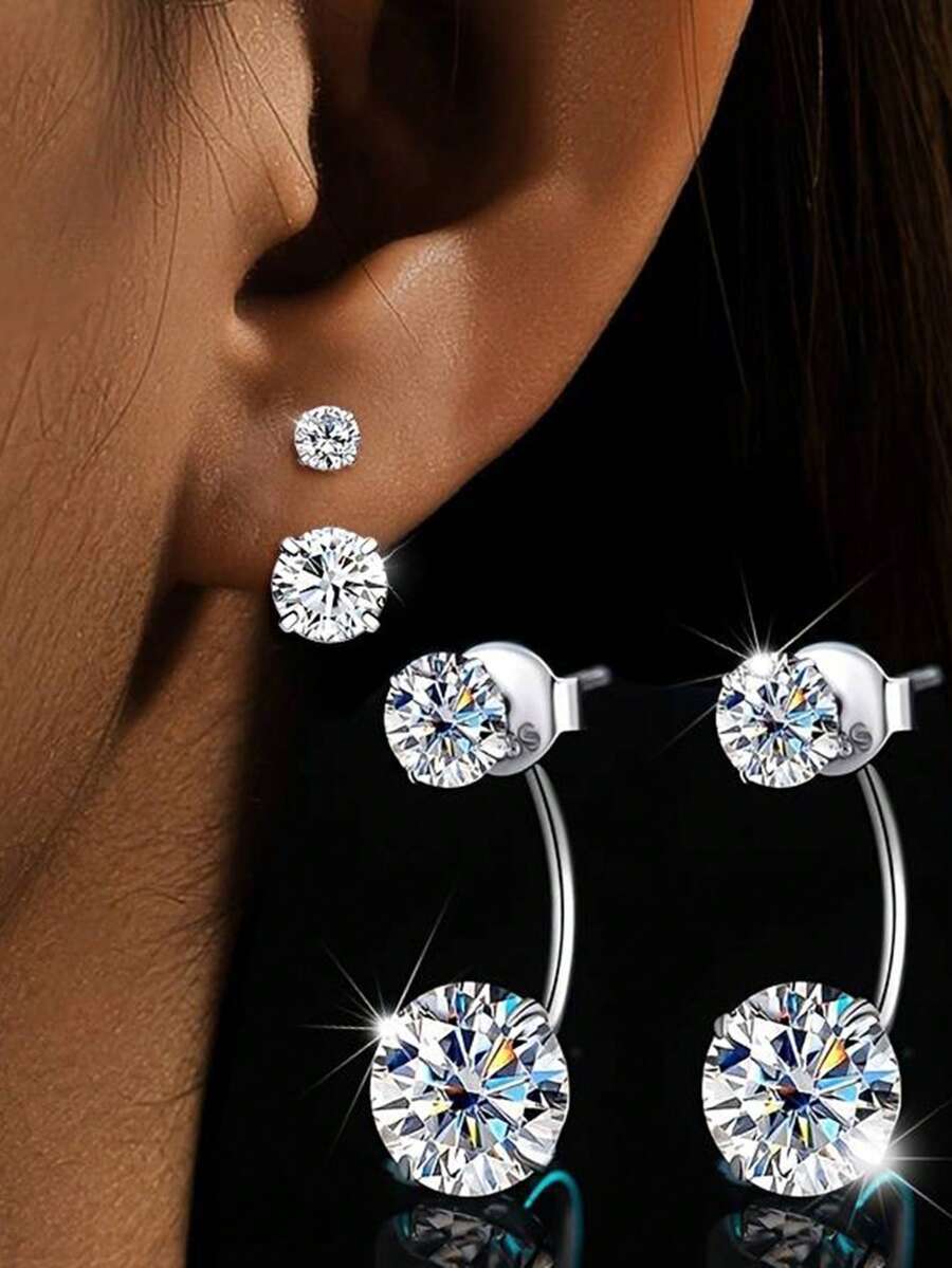 1 Pair S925 Sterling Silver Simple Double Diamond Convertible Stud Earrings, Sparkling Zirconia Hanging Earrings, Elegant Daily Wear Earrings, Versatile Gift