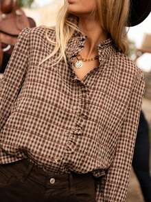 Women's New Bestselling Comfortable Casual Retro Brown Plaid Ruffle Hem Shirt - Vintage Plaid Long Sleeve Blouse With Ruffle Hem | Suitable For Home, Daily Wear And Office Commute Vacation Spring - Brown - View 3