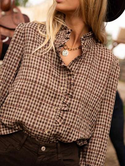Camisa de mujer con volantes en el bajo, de estilo retro a cuadros marrones, nueva y talla grande vendida - Blusa de manga larga a cuadros vintage con volantes en el bajo | Adecuada para el hogar, uso diario, oficina, viajes y primavera