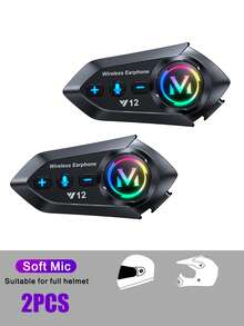 2pcs Wireless Motorcycle Helmet Headphones With FM Radio, RGB Ambient Lighting, High-Definition Audio, Wireless 5.4, Dual Phone Connection, Long Battery Life, Type-C Charging, Auto Answer, Voice Assistant