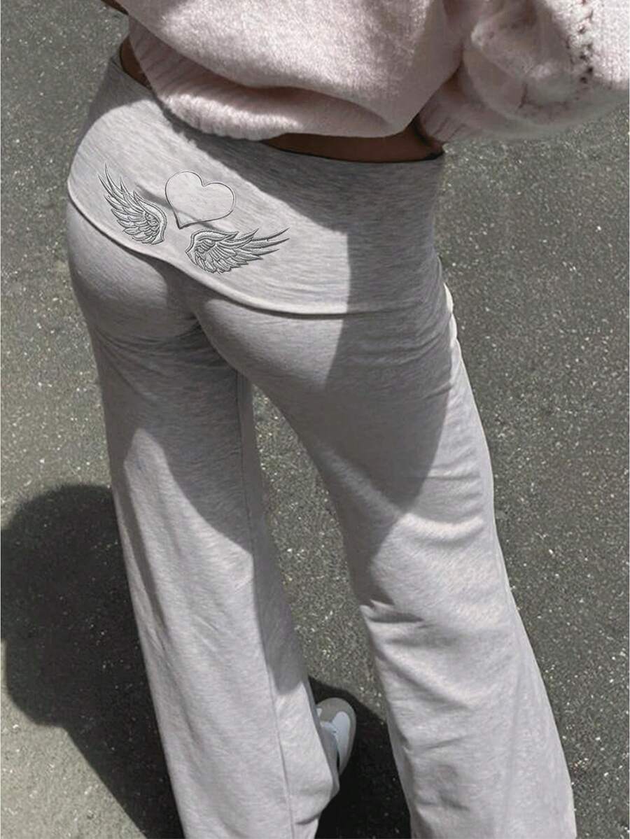 Fold Over Pants Baggy Angle Wings Y2K Fold Over Sweatpants Women Low Rise Strechy Straight Wide Leg Yoga Pants 2000S - 灰色 - 查看 1