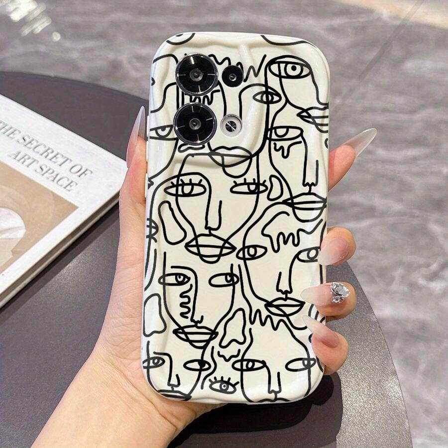 Funda de Teléfono con Patrón de Cara Abstracta para iPhone 17/16/15/14/1/12/11, Textura Crema, Funda Suave, Cubierta Trasera, Estilo Creativo Ins, Simple - Blanco - Ver 1