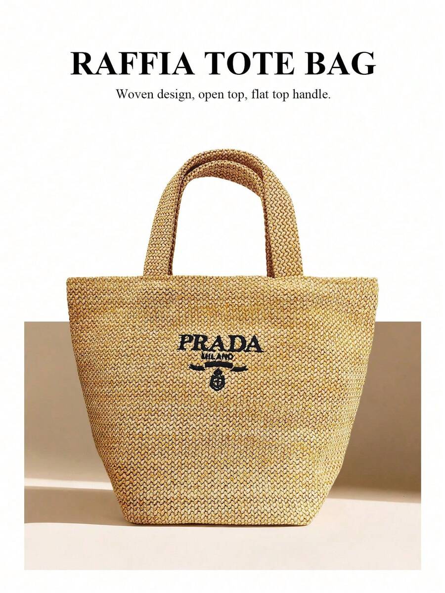 Prada Túi tote dệt từ sợi raffia màu kaki - Túi mua sắm dệt dung tích lớn, phong cách đồng quê Pháp, túi xách tay bằng sợi raffia. - Màu Khaki - Xem 1