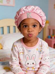 1pc Toddler/Kids 26 Letters Smooth Satin Sleep Cap, Fashionable & Comfortable, Breathable Anti-Slip, Daily Hair Care Hat - Pink - View 2