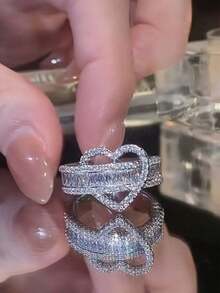 1pc Luxury Micro-Inlaid Zirconia Heart Ring, Unique Exquisite Adjustable Open Ring, Wedding Engagement Valentine's Day Gift - Silver - View 1