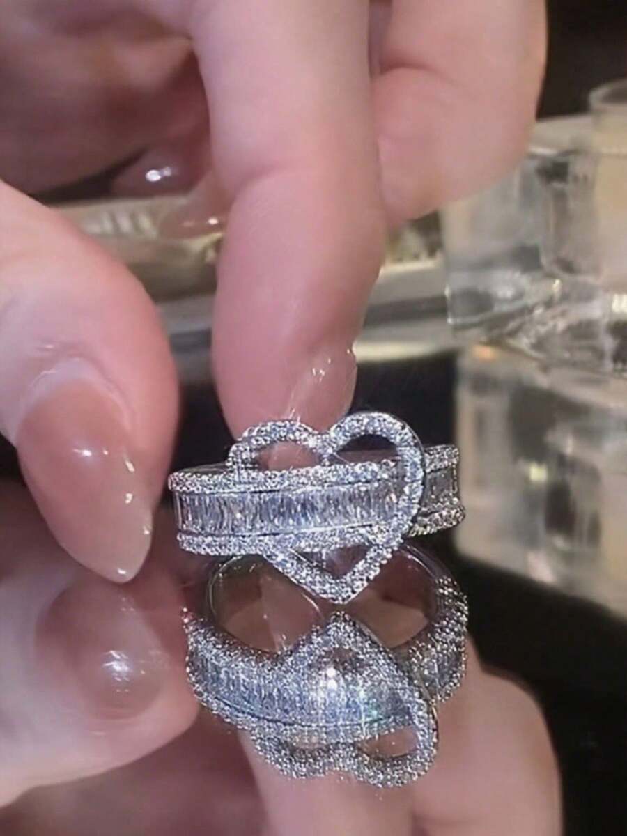 1pc Luxury Micro-Inlaid Zirconia Heart Ring, Unique Exquisite Adjustable Open Ring, Wedding Engagement Valentine's Day Gift - Silver - View 1