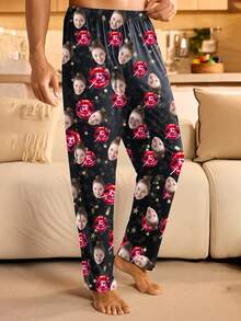 Customized Face Print And Striking Red Lip Dotted Pattern Men's Long Pajama Pants - Valentine's Day, Anniversary, Birthday, Casual Wear, Valentine's Day Gift, Loungewear, Romantic Gift - Black - View 5