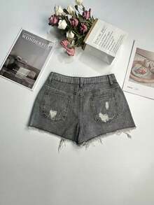 Cowgirl Women's Distressed Denim Shorts With Cat Whiskers Effect - Light Grey - View 7