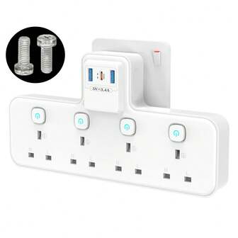 PASSUS This Multi-Functional Power Socket Is Suitable For Home, Kitchen, Office And Travel Use. It Integrates 7 Functions In One, Including 4 British-Standard Sockets With Independent Switches, 1 Power Switch, 2 USB-A Ports, 1 USB-C Port, A Flexible Cable Outlet, And A Wall-Mountable Design. Available In Black And White Colors.