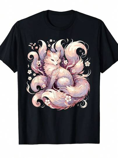 Elegantes Demon.Nine-Tailed.Nine-Tailed Sakura Art-Shirt [Cooles Design] Street-Style Damen--Shirt Bequeme Baumwolle Rundhals Kurzarm Unisex-Design