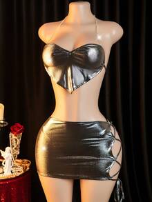 3pcs Sexy Lingerie Set: Camisole, Panties, And Nightgown - Silver - View 2