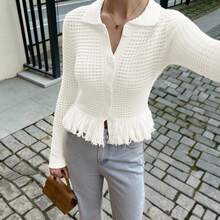 Áo khoác cardigan dệt kim dài tay màu trắng tối giản, thanh lịch, cổ bẻ, lãng mạn dành cho nữ, áo cardigan dệt kim khoét lỗ tua rua mùa xuân/hè, áo kiểu mùa xuân. - Bạch Tuyết Bay - Xem 5