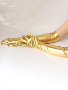 1 Pair Glossy Patent Leather Elegant Long Gloves For Evening Party - Gold - View 3