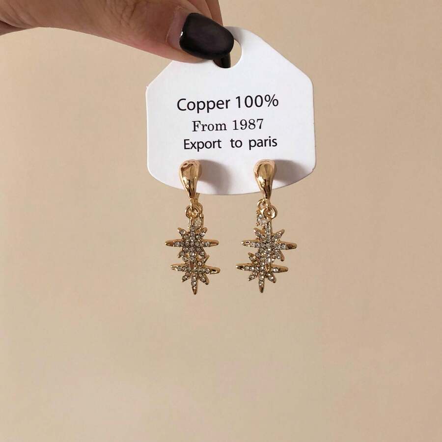 1 Đôi bông tai đính đá Zirconia hình ngôi sao sang trọng, thời trang và thanh lịch, kiểu dáng tinh tế cao cấp, bông tai kim bạc, thiết kế mới. - Vàng - Xem 1