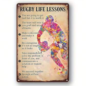 1pc, Rustic Retro Metal Tin Sign Rugby Life Lessons Tin Signs Wall Decoration Bar Cafe Signs Men Cave Best Gifts For Friends Family (8inch 12inch/20cm*30cm)