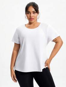 Camiseta casual elegante, de moda y deportiva para mujeres de talla grande, para yoga, ropa urbana y correr al aire libre, con paneles de malla transpirable y estampados reflectantes, blanco verano - Blanco - Ver 4