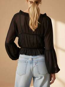 Women Autumn Tops Puff Long Sleeve V Neck Solid Color Button Down Smocked Loose Fit Blouse - Black - View 5