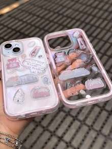 1pc New Fashion DIY Resin Sticker Illustration Transparent Phone Case Compatible With Apple 11, 12, 13, 14, 15, 16, Pro Max, Dopamine Dual-Layer Phone Case - Pink - View 3