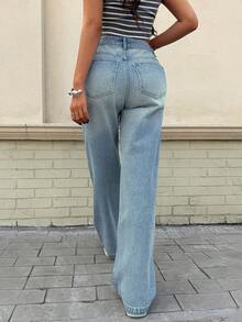 Jeans rectos de mujer EARO de estilo casual, con lavado claro, detalles de botones y bolsillos, tela larga sin estiramiento, adecuados para uso diario - Azul - Ver 2