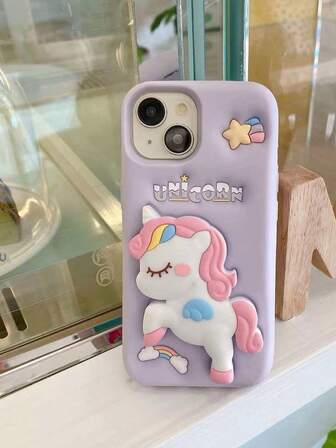 Soporte de silicona con diseño de unicornio y arcoíris púrpura compatible con iPhone 17 / 17 Pro Max / 16 Pro Max / 15 Pro / 14 / 13 / 12 / 11. Adecuado como regalo de Navidad para familiares, amigos, hermanas y novias.