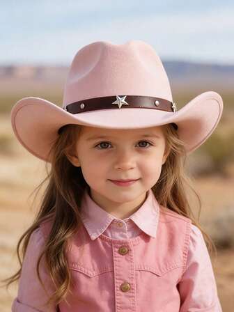1 ชิ้น หมวกคาวบอยสีชมพูสดใสสำหรับเด็กผู้หญิง ทำจากผ้าสักหลาด ประดับแถบดาว - สไตล์ตะวันตก, เครื่องประดับสำหรับเปิดเทอม, เทศกาลดนตรี & ชุดลำลอง หมวกคาวเกิร์ล
