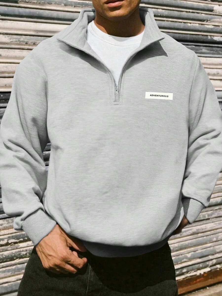 男士秋冬立领拉链卫衣，宽松百搭高街半拉链套头衫 - 淺灰色 - 查看 1