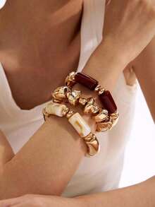 3pcs Vintage Multi-Layer Brown Acrylic Beaded Bracelet, Transformable Gold Bracelet,Vintage Boho Thick Multi-Layer Acrylic Beaded Bracelet, For Women, Couples, Party, Daily Wear,This Versatile Set Seamlessly Transitions From Casual Daily Outfits To Glamorous Party Ensembles, Adding A Touch Of Timeless Sophistication To Every Moment,Couples Gift For Holidays - 彩色 - 查看 1