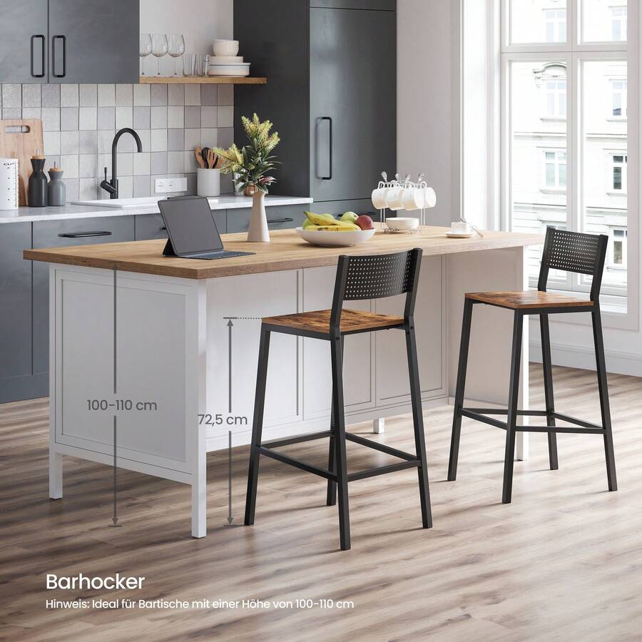 VASAGLE Barhocker, 2er Set, Barstühle, Küchenstühle, für Küche, Wohnzimmer, Esszimmer, Industrie-Design - Vintagebraun-Schwarz - Übersicht 1