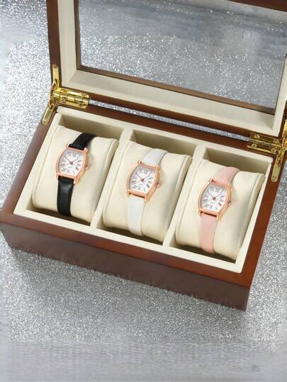 3 piezas Reloj de pulsera de cuarzo con esfera pequeña y correa de piel auténtica de moda elegante para mujer, estilo casual (Caja del reloj no incluida)