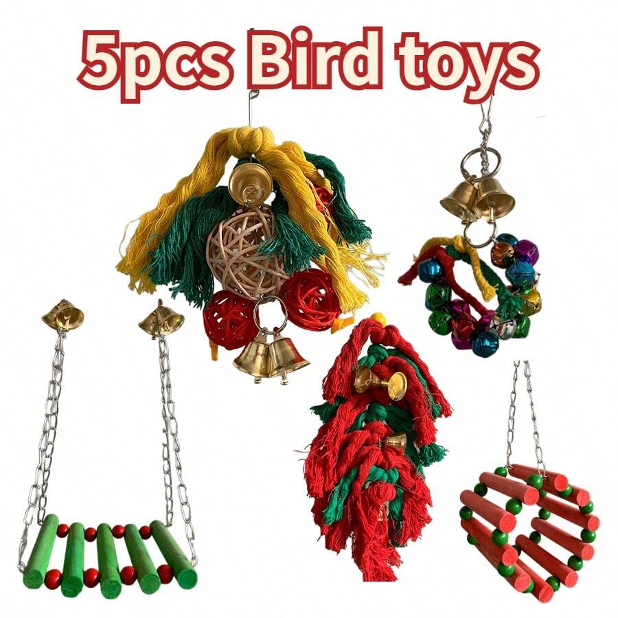 Giocattolo per uccelli con corda e campanelli, giocattolo colorato per masticare, strappare e razzolare per pappagalli, cocorite, parrocchetti, inseparabili, altalena, scala, amaca, accessori per gabbia degli uccelli - Scala colorata, amaca, altalena con campanelli per cocorite, parrocchetti, inseparabili, giocattolo da masticare in legno naturale per appendere nella gabbia di cocorite, parrocchetti, inseparabili - Multicolore - Visualizzare 1