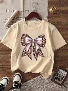 2pcs/Set Girls Leopard Print Bow Decor Short Sleeve T-Shirt And Flare Pants Set, Suitable For Spring/Summer - Apricot - View 2