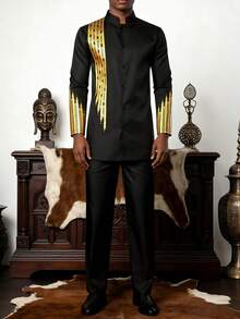 Men's African Style Long Sleeve Suit, Traditional Gold Foil Embellished Formal Shirt