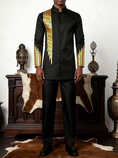 Men's African Style Long Sleeve Suit, Traditional Gold Foil Embellished Formal Shirt