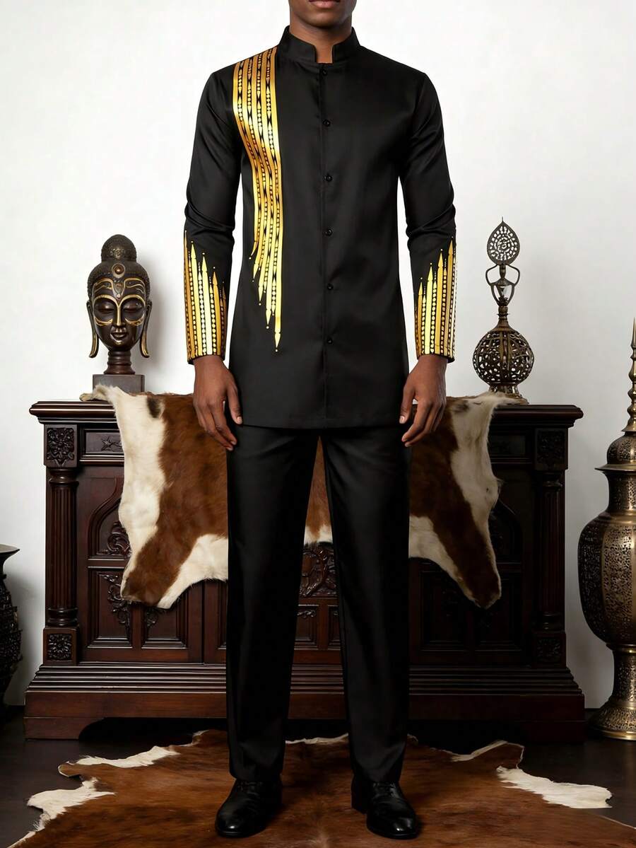 Men's African Style Long Sleeve Suit, Traditional Gold Foil Embellished Formal Shirt